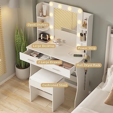 Vabches Vanity Desk with Lights,Makeup Vanity with Power Strip,Dressing Table Set with 2 Large Drawers,Vanity Mirror 3 Lighting Color Adjustable,White - Image 6
