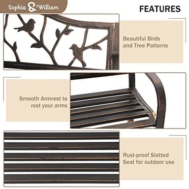 Sophia & William Outdoor Bench, Porch Bench, Garden Bench, Wrought Iron Bench with Backrest and Armrests, Bronze - Image 4