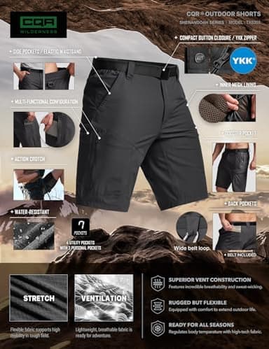 CQR Men's Quick Dry Stretch Hiking Cargo Shorts, Lightweight Water Resistant Tactical Casual, Golf & Outdoor with Pockets, Shendo Trail W/Belt Black, 34W x 10L - Image 7