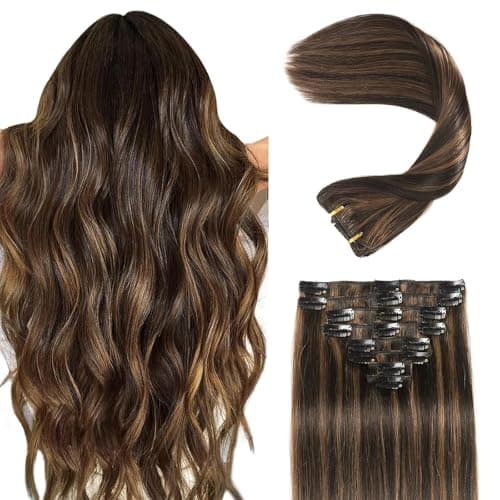 Clip in Hair Extensions Real Human Hair Clip in Extensions for Women Seamless Balayage Natural Black to Chestnut Brown Straight Remy 100% Human Clips ins Extension 8pcs Double Weft 16 inch 3.2oz/90g - Image 1