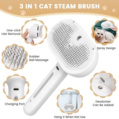 Cat Steam Brush, 3 In 1 Steamy Pet Brush with Release Button and Tank, Anti-Static Cat Comb for Effective Hair Removal, Rechargeable Steam Dog Comb for Furry Pet - Image 2