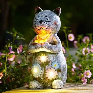 Tiejiajiang Solar Cat Statue Hold a Butterfly - Outdoor Solar Statues Garden Decor - Unique Design Ideal Gifts for Women,Mom - Image 1