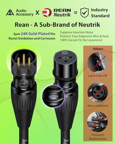 Short XLR Cables 3.3ft 2 Pack, Gold Plated 3-Pin Connectors from Rean-Neutrik SubBrand. Kevlar-Reinforced Nylon Braided & OFC Shielded XLR Male to Female BalancedMicrophone Cord for Shure, Focusrite - Image 2