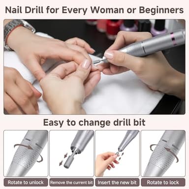 Nail Drill, Portable Electric Nail File 45000RPM, Rechargeable Nail Drill Professional with Bits & Base, for Acrylic Gel Nails, E-File Machine, Manicure Polishing, for Salon Home, White - Image 7