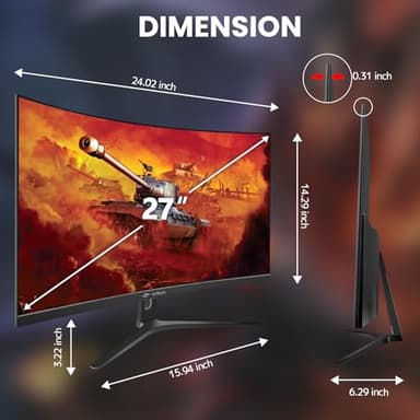 CRUA 27" Curved Gaming Monitor, FHD 1920x1080P, 144Hz/180Hz Computer Monitor, 1800R VA Screen, 120% sRGB, AMD FreeSync, HDMI & DP, Wall Mount Install- Black - Image 7