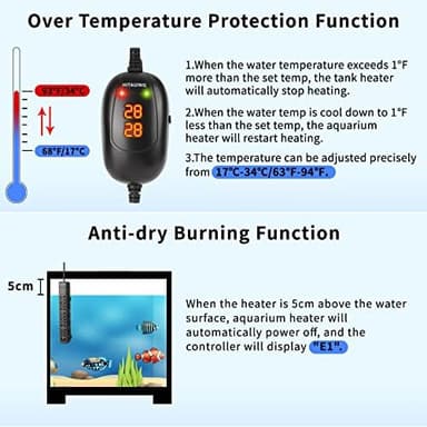 HiTauing Aquarium Heater, 50W/100W/200W/300W/500W Submersible Fish Tank Heater with Over-Temperature Protection and Automatic Power-Off When Leaving Water for Saltwater and Freshwater - Image 4