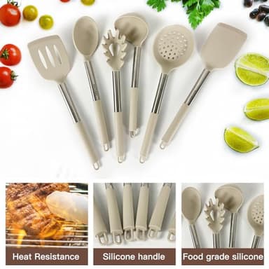 Kitchen Utensils Set-Silicone Cooking Utensils-33pcs Non-Stick Silicone Cooking Kitchen Utensils Spatula Set with Holder-Best Kitchen Cookware with Stainless Steel Handle (Khaki) - Image 7