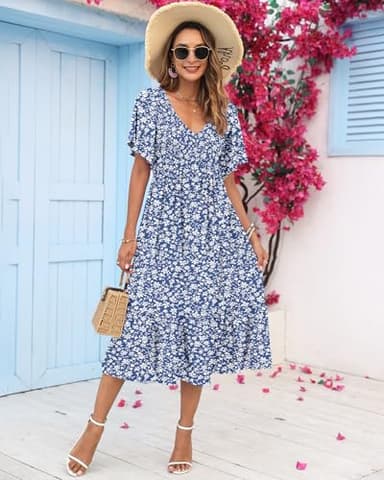AUSELILY Women's Summer Empire Waist Dress Smocked Flutter Short Sleeve V Neck Midi Dresses 2025 New Gray Blue Flower 2XL - Image 2