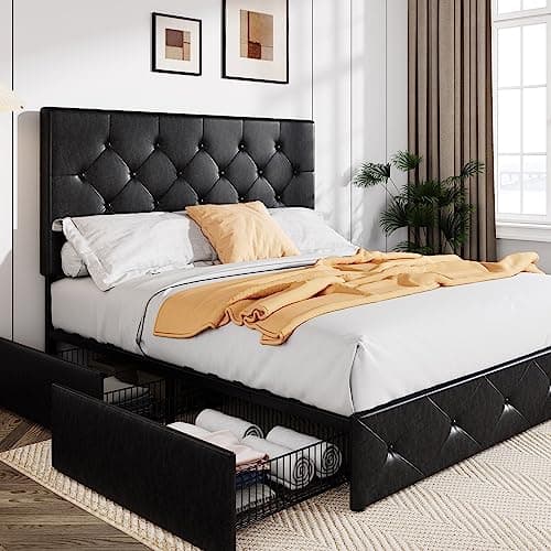 Allewie Upholstered Queen Size Platform Bed Frame with 4 Storage Drawers and Headboard, Diamond Stitched Button Tufted, Mattress Foundation with Wooden Slats Support, No Box Spring Needed, Black - Image 1