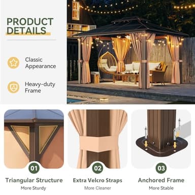 Aoxun 10'x12' Hardtop Gazebo, Aluminum Frame Permanent Pavilion with Curtains and Netting, Outdoor Polycarbonate Gazebo, Double Roof Canopy, for Gardens, Patios, Lawns - Image 5