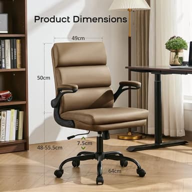 Office Chair Adjustable Desk Chair Mid Back Executive Comfortable Bonded Leather Ergonomic Back Support Home Computer Chairs with Padded Flip-up Armrest Swivel Wheels (Tan) - Image 3