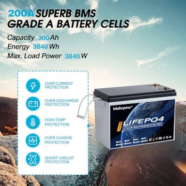 Mehrpow 12V 300Ah LiFePO4 Lithium high-capacity MINI Battery Bluetooth | 200A BMS, 8000 Cycles, 3840Wh, Low Temp Cutoff | Solar/RV/Trolling Motor, Marine, Off-Grid - Image 3