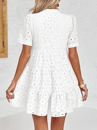 Imily Bela Womens Summer Eyelet Dresses Babydoll Flowy Short Sleeve V Neck Lace Tunic Swing Casual Dress White - Image 4