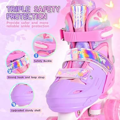 2PM SPORTS Roller Skates Girls Ages 5-8 8-12 3-5 4-7 6-12 10-12 with Light Up Wheels, Outdoor Indoor Girls Rollerskates for Kids Beginner Size 10C 11C 12C 13C 1 2 3 4 5 6 Pink Butterfly - Image 3