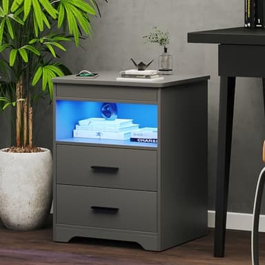 Night Stand Set of 2, Charging Bedside Table with USB & Type-C Port, LED Night Stand with Human Sensor Light, Modern End Table with Gun Drawers for Bedroom Office, Grey - Image 7
