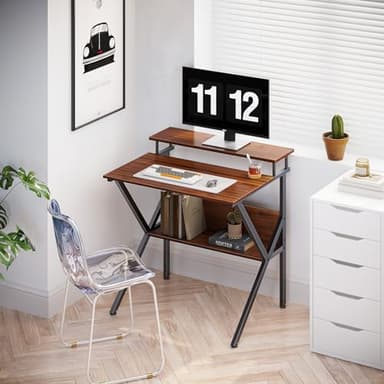 ODK Small Desk, 27.5 Inch Computer Desk for Small Spaces, Compact Desk with Storage, Study Table with Monitor Stand for Home Office, Deep Brown - Image 7