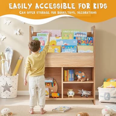 VECELO Wooden Children’s Bookshelf - Kids Book Organizer with 3-Tier Display and 2-Tier Storage Compartments, Easy-to-Access Toddler Bookcase for Playroom, Bedroom, or Nursery - Teak - Image 5