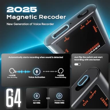 Magnetic Voice Activated Recorder - (7000 Hours) Voice Recorder with DSP 5.0-AI Noise Cancellation - 64GB Portable Recording Device, Voice Recorder with Playback for Work, Meetings, Lectures - Image 2