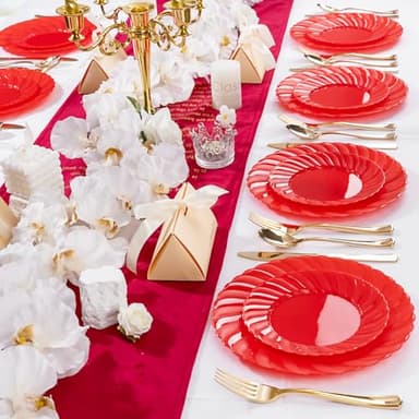 U-QE 100Pcs Red Plastic Plates - Red Scalloped Plastic Plates for Party - Heavy Duty Plastic Plates Disposable Include 50 6 '' Dessert Plates, 50 9 '' Dinner Plates Suite for All Occasions - Image 7