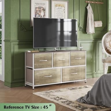 WLIVE Dresser for Bedroom with 5 Drawers, Wide Chest of Drawers, Fabric Dresser, Storage Organizer Unit with Fabric Bins for Closet, Living Room, Hallway, Greige Oak - Image 2