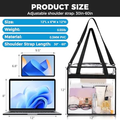 BAGAIL Clear Bags Stadium Approved Clear Tote Bag with Zipper Closure Crossbody Shoulder Bag with Adjustable Strap(12 Inch X 12 Inch X 6 Inch,Black) - Image 2
