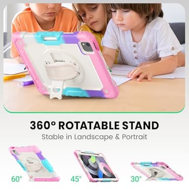 SEYMAC Case for iPad Air 5th/ 4th Generation 10.9", Full-Body Shockproof Protective Case with Screen Protector, Rotating Stand/Handle/Shoulder Strap/Pencil Holder for iPad Air 5/ Air 4, Colorful/Pink - Image 4