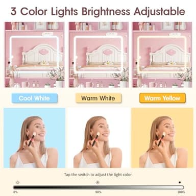 Vabches Small Vanity Desk Set with 3 Adjustable Lighted Mirror and Storage Chair, Vanity Set with Charger Station, Small Spaces Vanity Table for Bedroom，Pink - Image 6