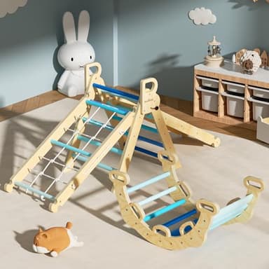 BlueWood 2025 8-in-1 Pikler Triangle Climbing Set Toddler Toys Indoor Baby Jungle Gym Climber Playground for Kids - Sky Blue - Image 5