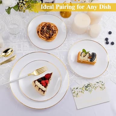 Bestluck 100PCS White Plastic Plates with Gold Rim, White Gold Disposable Plates for Party, Wedding, Include 50 Dinner Plates, 50 Dessert Plates for 50 Guests - Image 9
