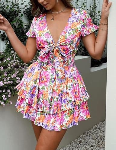 PRETTYGARDEN Women Summer Short Dress 2025 Casual V Neck Short Sleeve Tiered Bow Mini Sun Dresses Beach Vacation Sundress(Floral White,Large) - Image 4