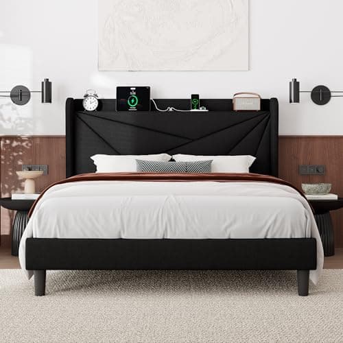 Feonase Queen Size Bed Frame with Charging Station, Linen Upholstered Platform Bed Frame with Wingback Storage Headboard, Solid Wood Slats Support, No Box Spring Needed, Noise Free, Black - Image 1