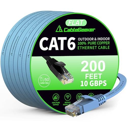 Cat 6 Ethernet Cable 200 ft, High Speed 10Gbps Flat Internet Network Cable, Pure Copper Ethernet Patch Cable Long, Computer LAN Cable with Clips & Straps for Router, Modem, PS4/5, Blue - Image 1