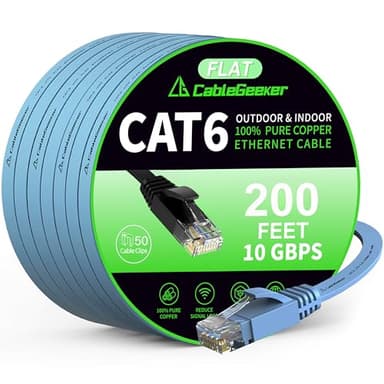 Cat 6 Ethernet Cable 200 ft, High Speed 10Gbps Flat Internet Network Cable, Pure Copper Ethernet Patch Cable Long, Computer LAN Cable with Clips & Straps for Router, Modem, PS4/5, Blue - Image 1