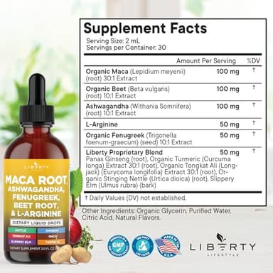 Liberty Lifestyle Organic Maca Root Liquid Drops with Ashwagandha, Nettle, Fenugreek, Beet Root and L-Arginine Liquid Multivitamin for Women and Men - 4oz - Image 2