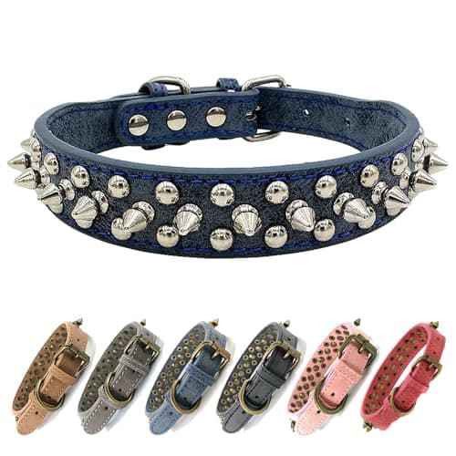 Spiked Studded Dog Collar-Chrome Round Stud Anti-Bite Collar (Blue,M) - Image 1