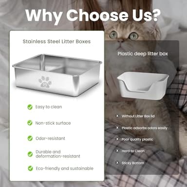 PWTAA Stainless Steel Cat Litter Box High Side Cats Toilet Metal Kitten Litter Pan, Pet Cleaning Tool for Big and Small Cats, Rabbits, Splash-Proof and Non-Stick Cat Poop Box odorless 23.6"x15.7"x7.9" - Image 7