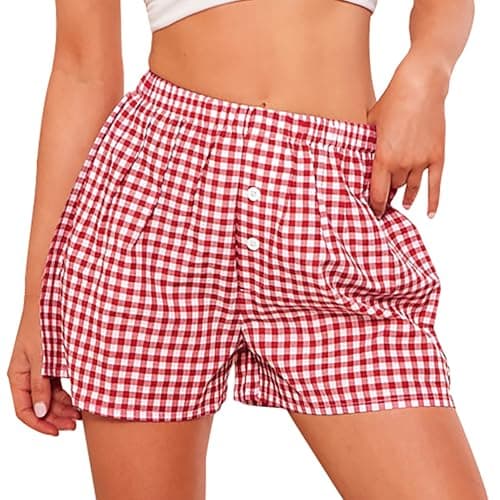 PRETTYGARDEN Womens Shorts Boxers 2025 Summer Gingham Pajama Lounge Sleep Y2K Plaid Pj Shorts Beach Bottoms(Red,Large) - Image 1
