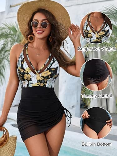 Blooming Jelly Women One Piece Swimsuits Tummy Control Swim Dress Slimming Sexy Sarong Wraps Swim Suits (L, Black Tropical) - Image 2