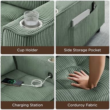 OKD 3 in 1 Convertible Sleeper Sofa Bed, Corduroy Pull Out Futon Couch with Charging Station & Cup Holder, Folding Loveseat Sofa Bed with Side Pocket for Living Room, Green - Image 3