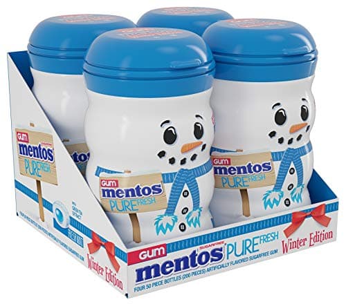 Mentos Sugar-Free Chewing Gum, Fresh Mint Flavor, Winter Edition Snowman Bottle, Holiday Stocking Stuffer, Secret Santa, 50 Count (Pack of 4) - Image 1