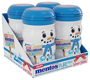Mentos Sugar-Free Chewing Gum, Fresh Mint Flavor, Winter Edition Snowman Bottle, Holiday Stocking Stuffer, Secret Santa, 50 Count (Pack of 4) - Image 1