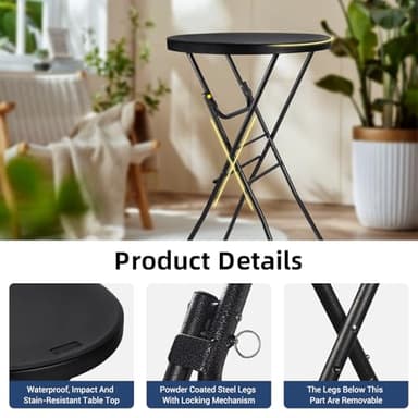 Byliable Cocktail Table 28in High Top Round Folding Indoor Outdoor, Plastic Bar Height Foldable Bistro Tall Table for Party, Patio, Dining Room, Kitchen, Events, Removable Locking Legs, Black - Image 4