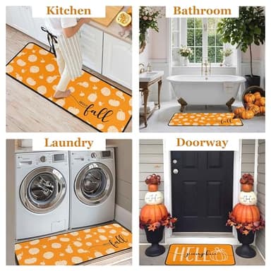 Orange Hello Pumpkin Fall Kitchen Rugs Set of 2, Autumn Harvest Pumpkin Thanksgiving Front Door Mat Floor Rug for Home Holiday Party Decor 17"x47"+17"x30" - Image 5
