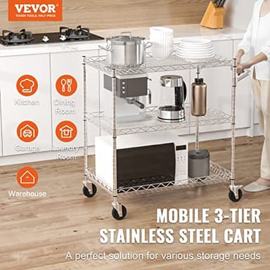 VEVOR Kitchen Utility Cart, 3 Tiers, Wire Rolling Table with 661 LBS Capacity, Steel Service Desk on Wheels, Metal Storage Trolley with 80 mm Deep Basket Curved Handle 6 Hooks - Image 2