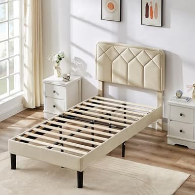 VECELO Twin Size Bed Frame Premium Velvet Upholstered Platform with Height Adjustable Headboard/Mattress Foundation, Solid Wooden Slat Support, No Box Spring Needed/Easy Assembly - Image 5