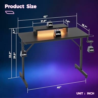 Bestier 42 inch Gaming Desk with LED Lights, Small Computer Gaming Table with Monitor Shelf, Gamer Desk with Headphone Hook, Kids Boys Computer Table with Black Carbon Fiber Texture - Image 3