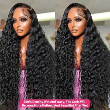 Jumida 30 Inch 13x6 Lace Front Wigs Human Hair Water Wave 200 Density 13x6 HD Full Lace Frontal Wigs Pre Plucked Wet and Wavy Glueless Deep Curly Human Hair Wigs for Women Natural Black - Image 3