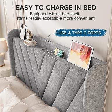 koorlian Queen Bed Frame, Linen Adjustable Upholstered Platform Bed Frame with Type-C&USB Port, Wingback Storage Headboard, Solid Wood Slats Support, No Box Spring Needed, Noiseless, Light Gray - Image 3