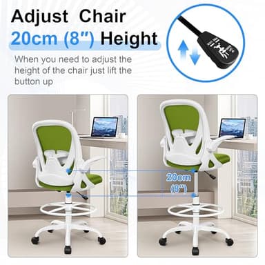 Primy Drafting Chair Tall Office Chair with Flip-up Armrests Executive Ergonomic Computer Standing Desk Chair with Lumbar Support and Adjustable Footrest Ring (AvocadoGreen) - Image 6
