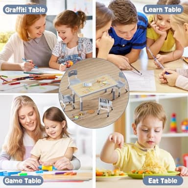 Brelley Kids Table and 4 Chairs Set, Height Adjustable Toddler Desk and Chair Set, Graffiti Desktop, Non-Slip Legs, Max 300lbs, Children Multi-Activity Table for Ages 2-8 - Image 7